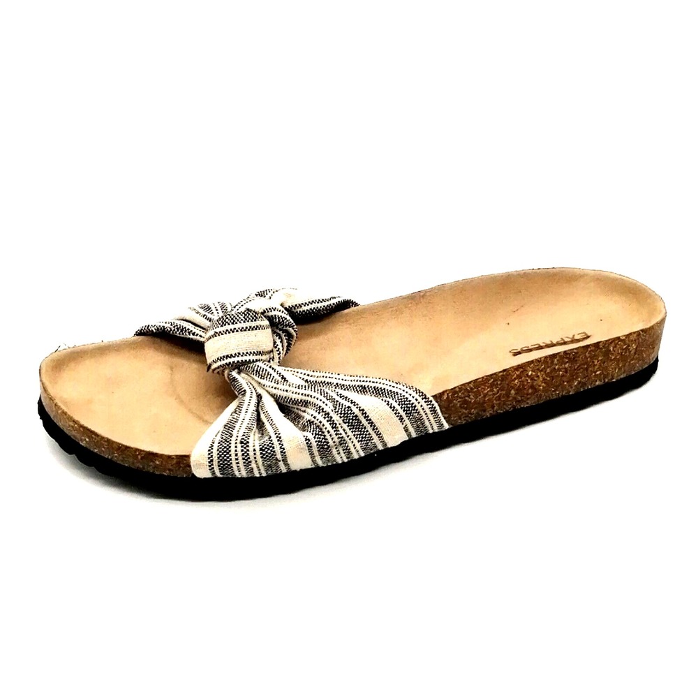Express Shoes Womens Black Cream Stripe 10 Slide Sandal Molded Footbed Flat